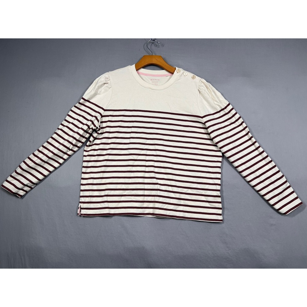 Boden Womens Striped Puff Shoulder Button Top Burgundy Cream Size US 12